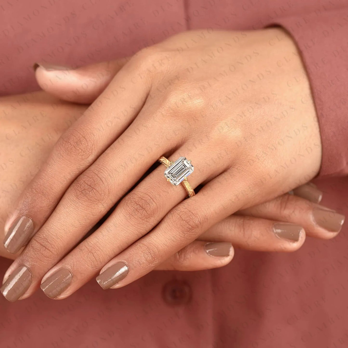 emerald cut lab grown diamond engagement ring, vintage engraved gold solitaire ring, igi certified diamond ring, unique bridal ring