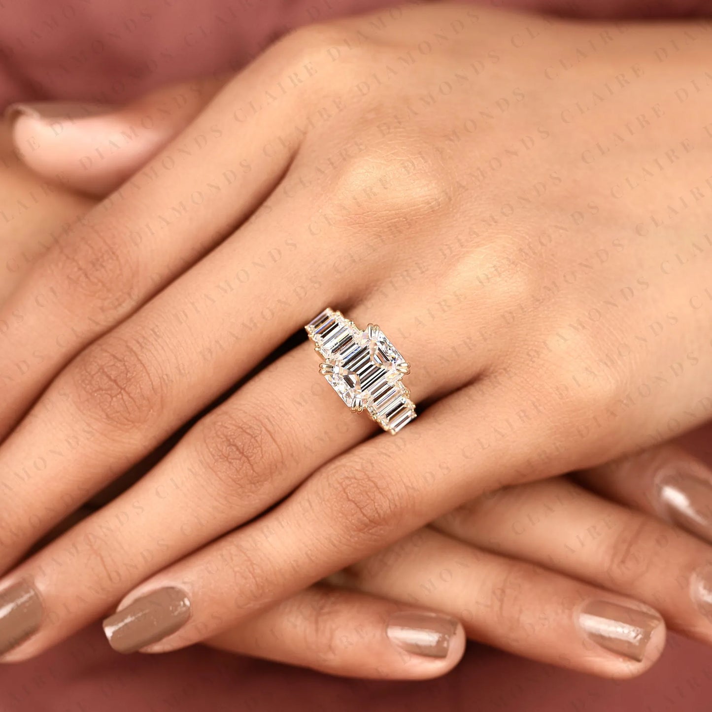 emerald cut lab grown diamond engagement ring in yellow gold |side stone baguette diamond wedding ring | luxury anniversary ring for women