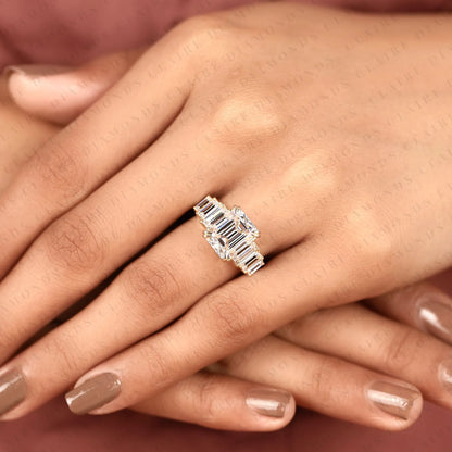 Emerald Cut Lab Grown Diamond Engagement Ring in Yellow Gold |Side Stone Baguette Diamond Wedding Ring | Luxury Anniversary Ring for Women