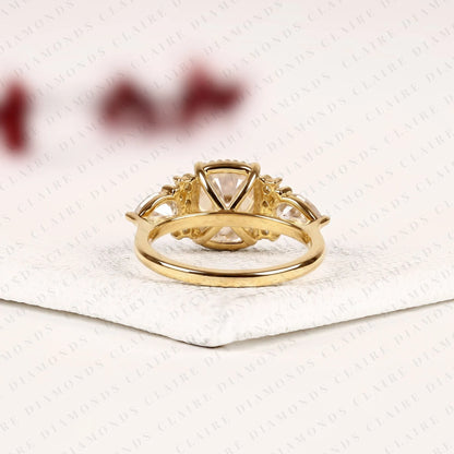 Old Mine Elongated Cushion Cut Moissanite Engagement Ring, Milgrain Bezel Setting, Pear Side Stone Halo, Yellow Gold Vintage Inspired Bridal Ring