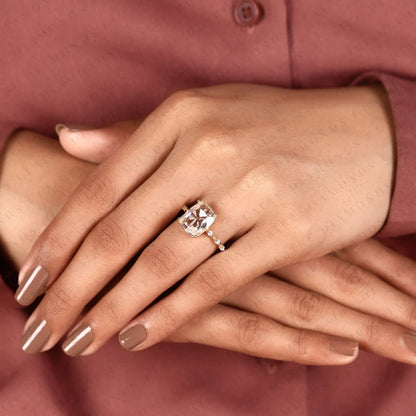 Cushion Rose Cut Lab Grown Diamond Engagement Ring | Yellow Gold Beaded Vine Band with Four-Prong Setting