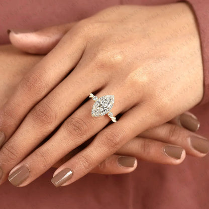 Marquise Cut Moissanite Diamond Halo Engagement Ring Twisted Pavé Diamond Band Ring Vintage Inspired Bridal Ring for Women