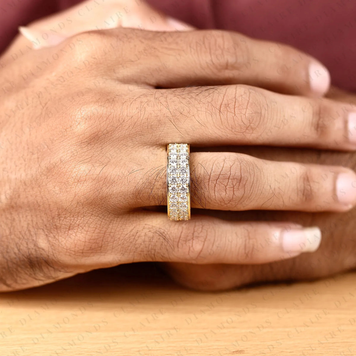 round cut lab grown diamond eternity wedding band | double row pave diamond wedding ring | yellow gold full eternity anniversary band | luxury jewelry