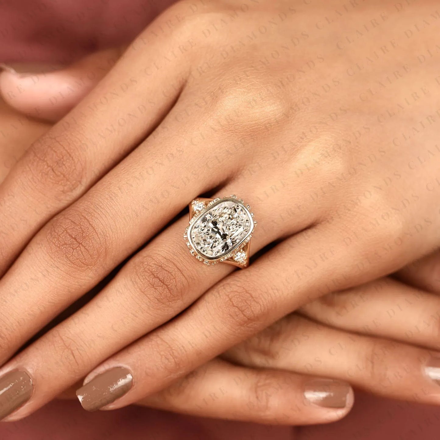 vintage elongated cushion cut lab grown diamond engagement ring | milgrain bezel set statement ring | unique gold anniversary ring for women