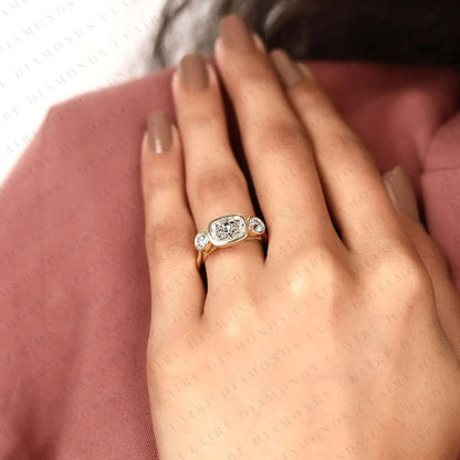 Elongated Cushion Cut Bezel Set Three Stone Lab Grown Diamond Engagement Ring Modern Gold Ring Minimalist Bridal Jewelry.
