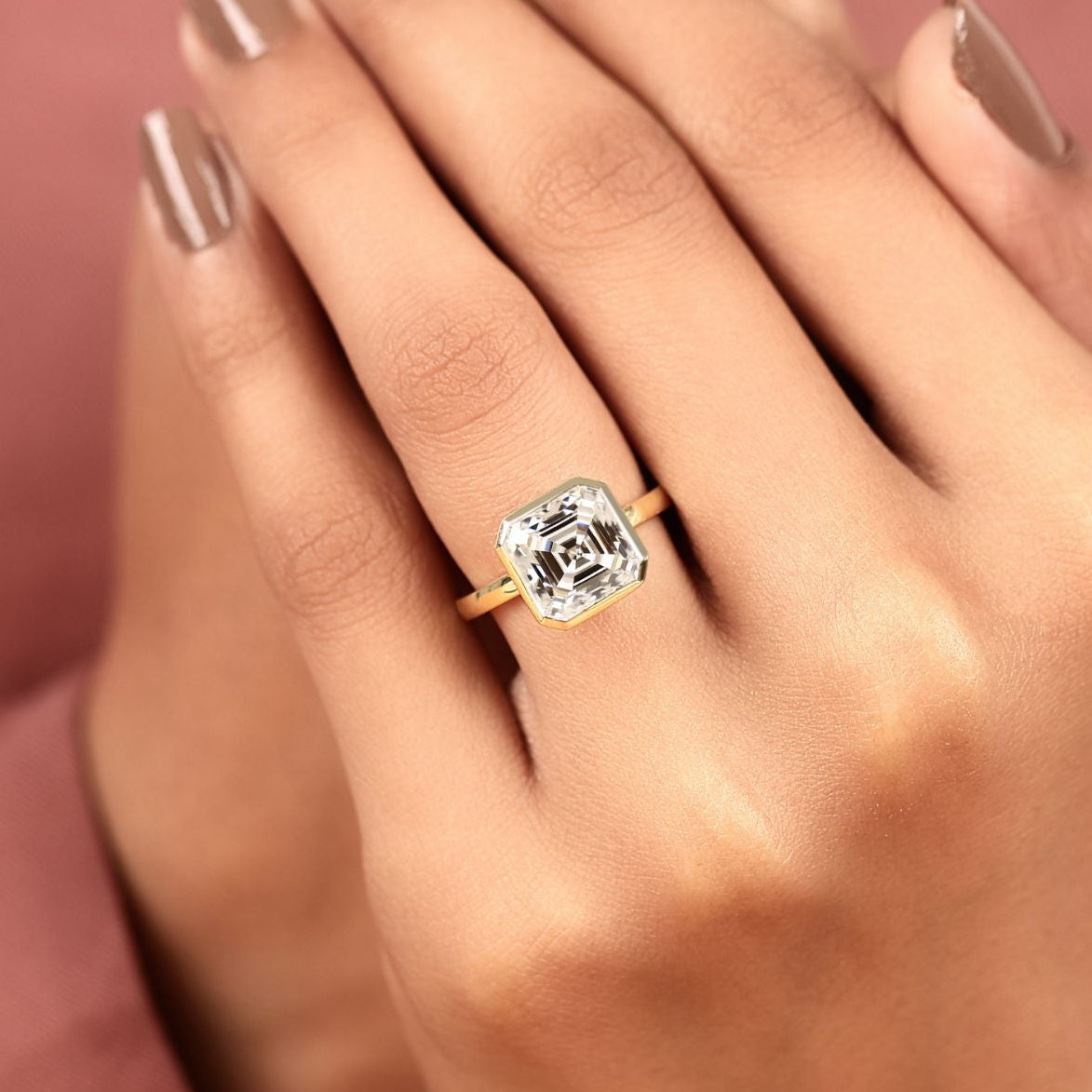 asscher cut moissanite diamond bezel set engagement ring | modern solitaire statement ring