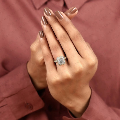 Emerald Cut Moissanite Diamond Halo Engagement Ring, Double Pavé Halo Yellow Gold Bridal Ring, Luxury Statement Ring