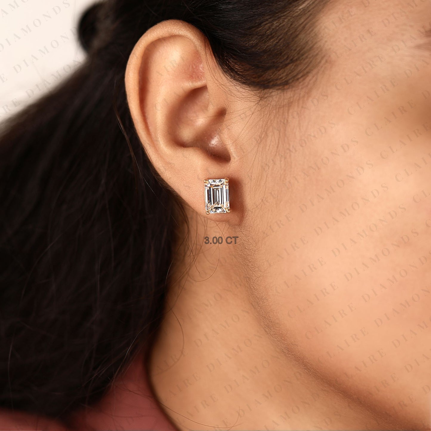 emerald cut moissanite diamond stud solitaire earrings, elegant diamond studs, modern minimalist diamond jewelry