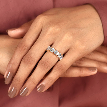 2.10 TCW Baguette & Marquise Lab Grown Diamond Half Eternity Band Ring, Alternating Wedding Anniversary Band