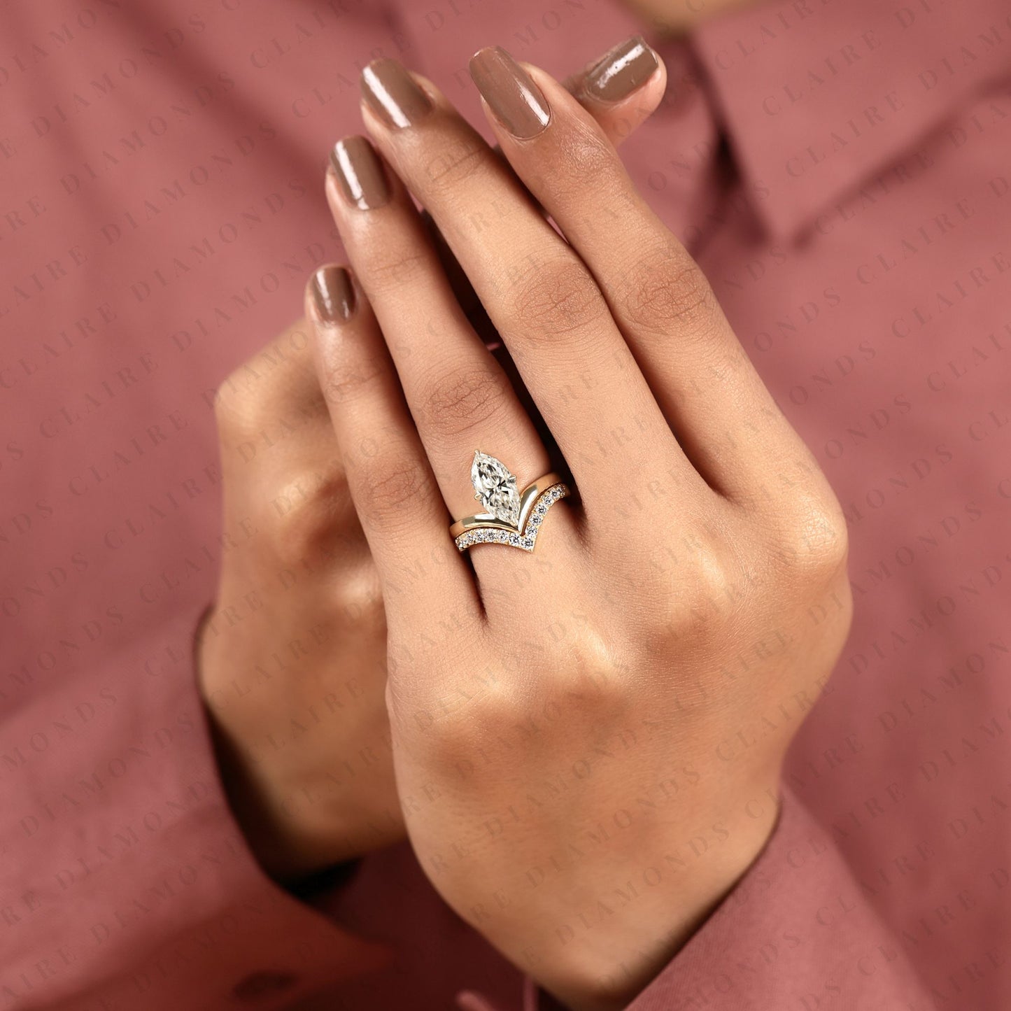 marquise cut lab grown diamond chevron bridal ring set in gold, curved band, yellow gold ring, engagement ring for women