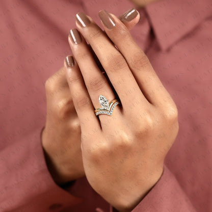 Marquise Cut Lab Grown Diamond Chevron Bridal Ring Set in Gold, Curved Band, Yellow Gold Ring, Engagement Ring for Women