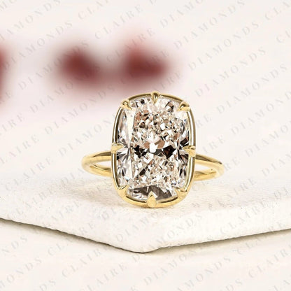 Old Mine Elongated Cushion Cut Lab Grown Diamond Solitaire Engagement Ring  Hidden Halo Diamond Ring Classic Minimalist Bridal Ring for Women