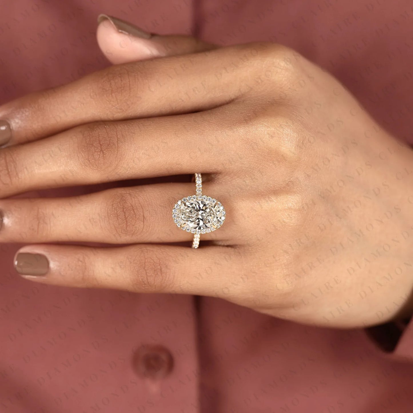 oval lab grown diamond hidden halo ring, pave engagement ring, yellow gold, pave band, oval wedding ring