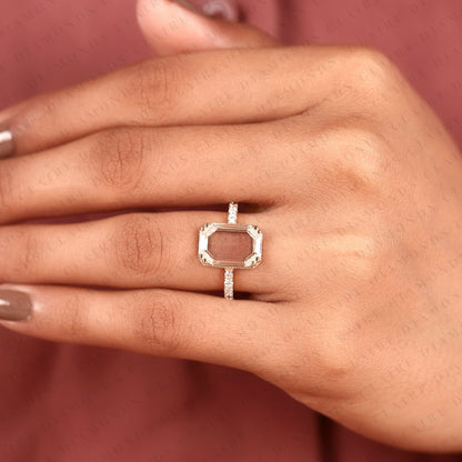 Portrait Cut Lab Grown Diamond Hidden Halo Engagement Ring | Yellow Gold Pave Band Four-Prong Basket Setting