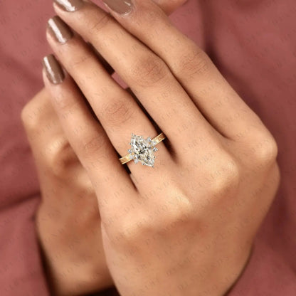 Vintage Marquise Cut Lab Grown Diamond Engagement Ring Engraved Gold Ring Floral Halo Wedding Ring Antique Inspired Bridal Ring