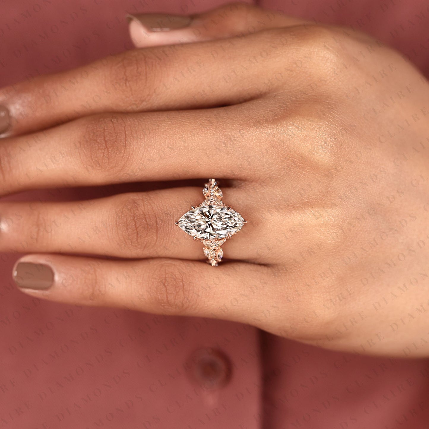marquise cut moissanite diamond engagement ring with twisted vine pave band in rose gold, hidden halo ring, vintage style ring