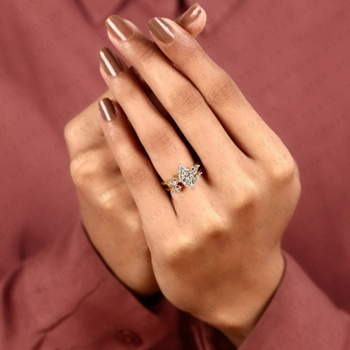 marquise cut lab grown diamond engagement ring bridal set with kite cut three stone ring modern unique bridal jewelry