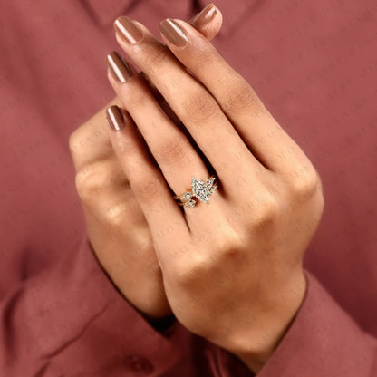Marquise Cut Lab Grown Diamond Engagement Ring Bridal Set with Kite Cut Three Stone Ring Modern Unique Bridal Jewelry