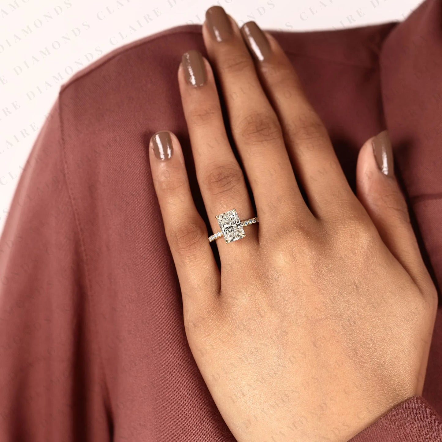 radiant cut moissanite diamond engagement ring with pave band in gold hidden halo ring