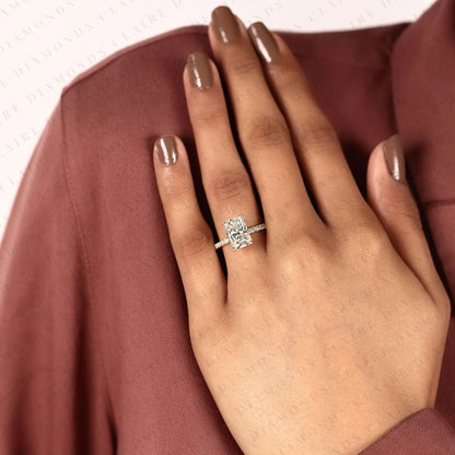 Radiant Cut Moissanite Diamond Engagement Ring with Pave Band in Gold Hidden Halo Ring