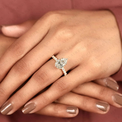Pear Cut Lab Grown Diamond Engagement Ring Baguette & Round Accent Diamond Band Bridal Ring  Elegant Wedding Ring
