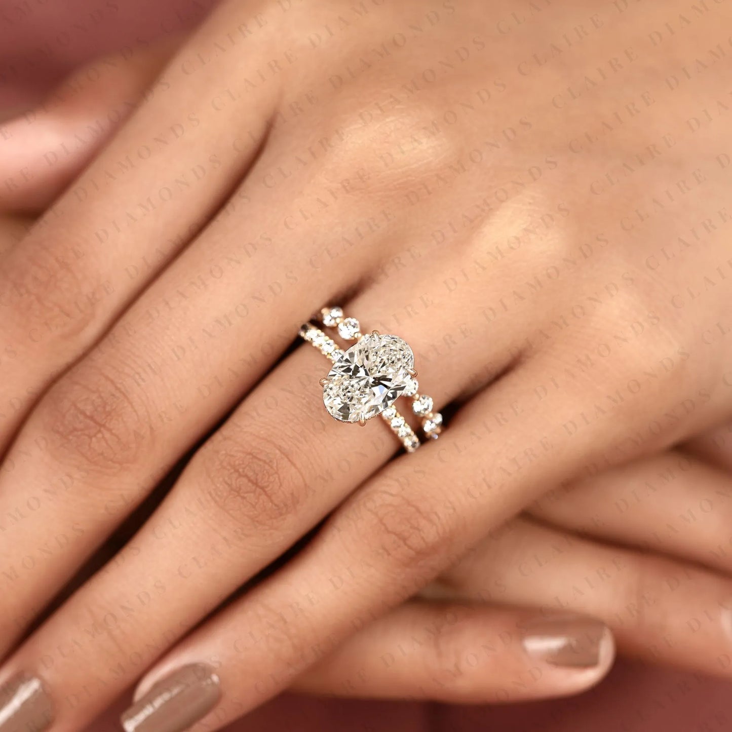 oval cut lab grown diamond engagement ring hidden halo with matching diamond band ring for her