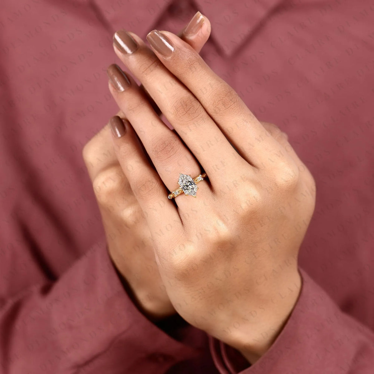 dutch marquise cut lab grown diamond engagement ring leaf vine band nature inspired unique bridal ring luxury wedding jewelry