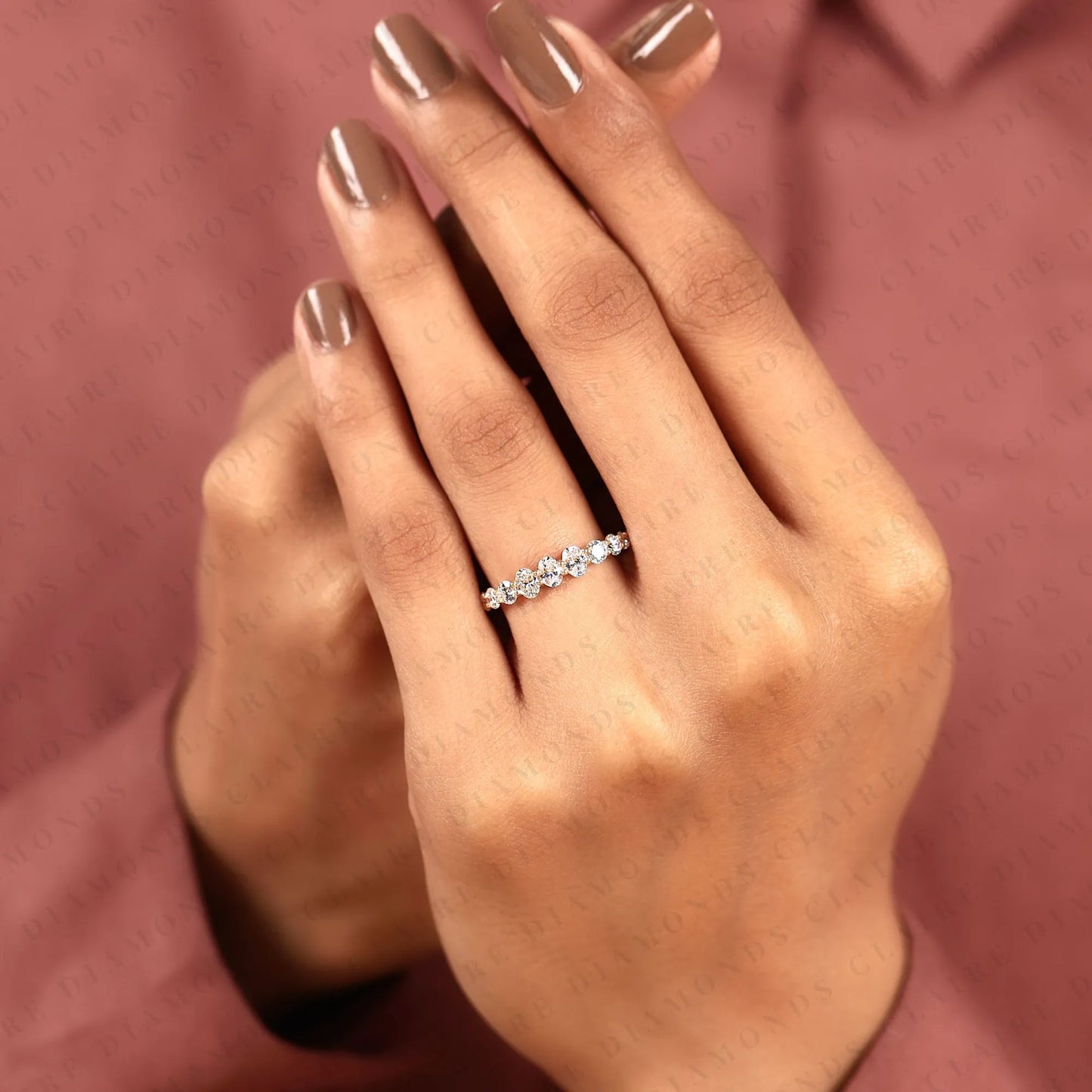 1.32 tcw oval and round cut moissanite diamond half eternity wedding band, anniversary band for women