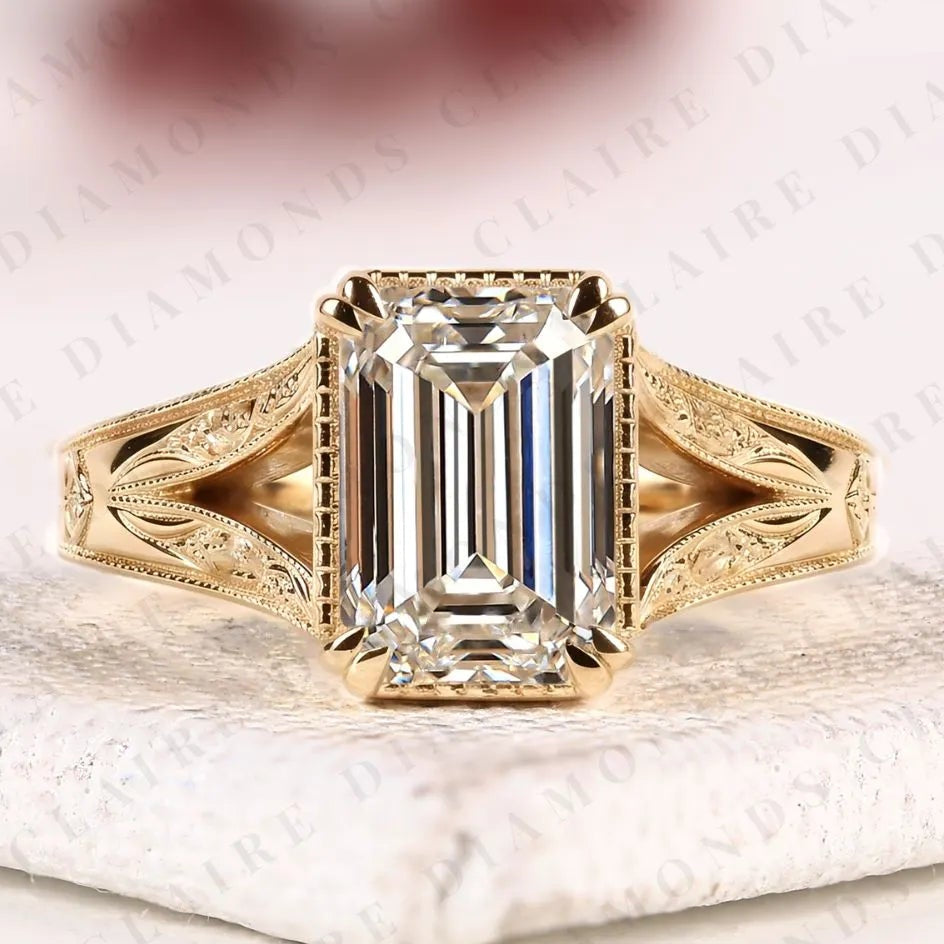 vintage emerald cut moissanite diamond engagement ring art deco filigree solitaire ring emerald diamond ring gold promise ring.