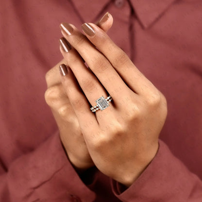 Emerald Cut Lab Grown Diamond Engagement Ring Bridal Set Ring with Pavé Diamond Band Modern Unique Bridal Jewelry