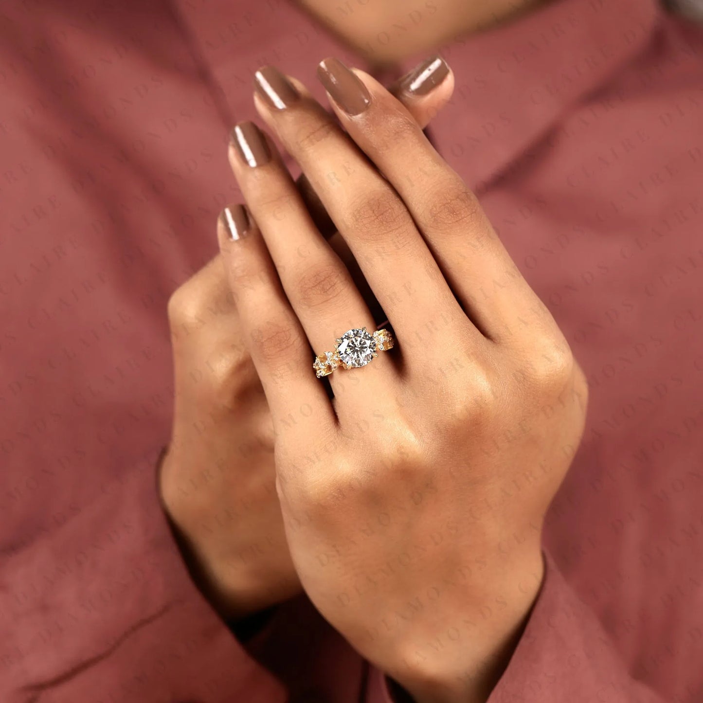 round cut lab grown diamond vintage ring handmade floral engagement ring in solid gold for her