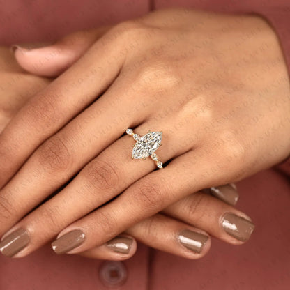Marquise Cut Lab Grown Diamond Engagement Ring Yellow Gold Side Stone Ring IGI Certified Anniversary Ring.
