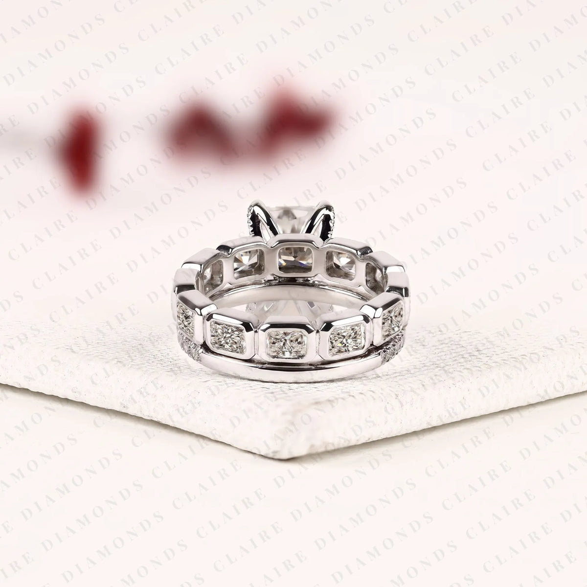 radiant cut lab grown diamond engagement ring double band bridal set with pave diamond accents modern luxury white gold wedding ring
