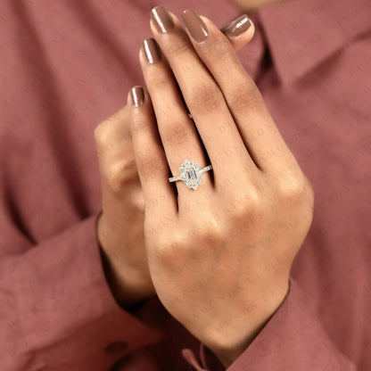 Emerald Cut Lab Grown Diamond Engagement Ring Milgreen Bezel Art Deco Vintage Inspired Baguette Halo Diamond Bridal Ring