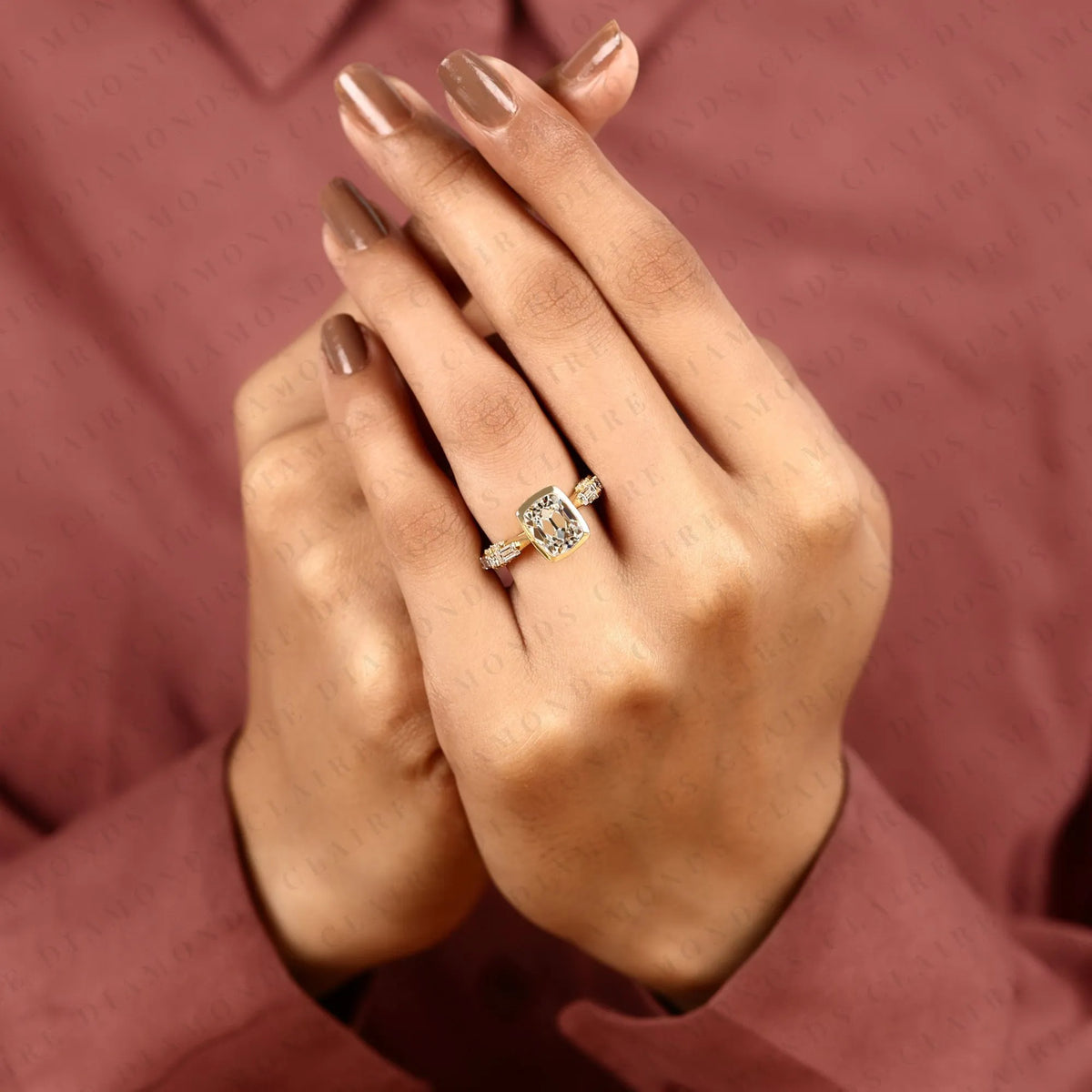 old mine elongated cushion cut lab grown diamond engagement ring yellow gold bezel ring with baguette side stone modern luxury bridal jewelry