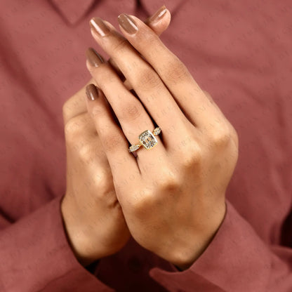 Old Mine Elongated Cushion Cut Lab Grown Diamond Engagement Ring Yellow Gold Bezel Ring with Baguette Side Stone Modern Luxury Bridal Jewelry