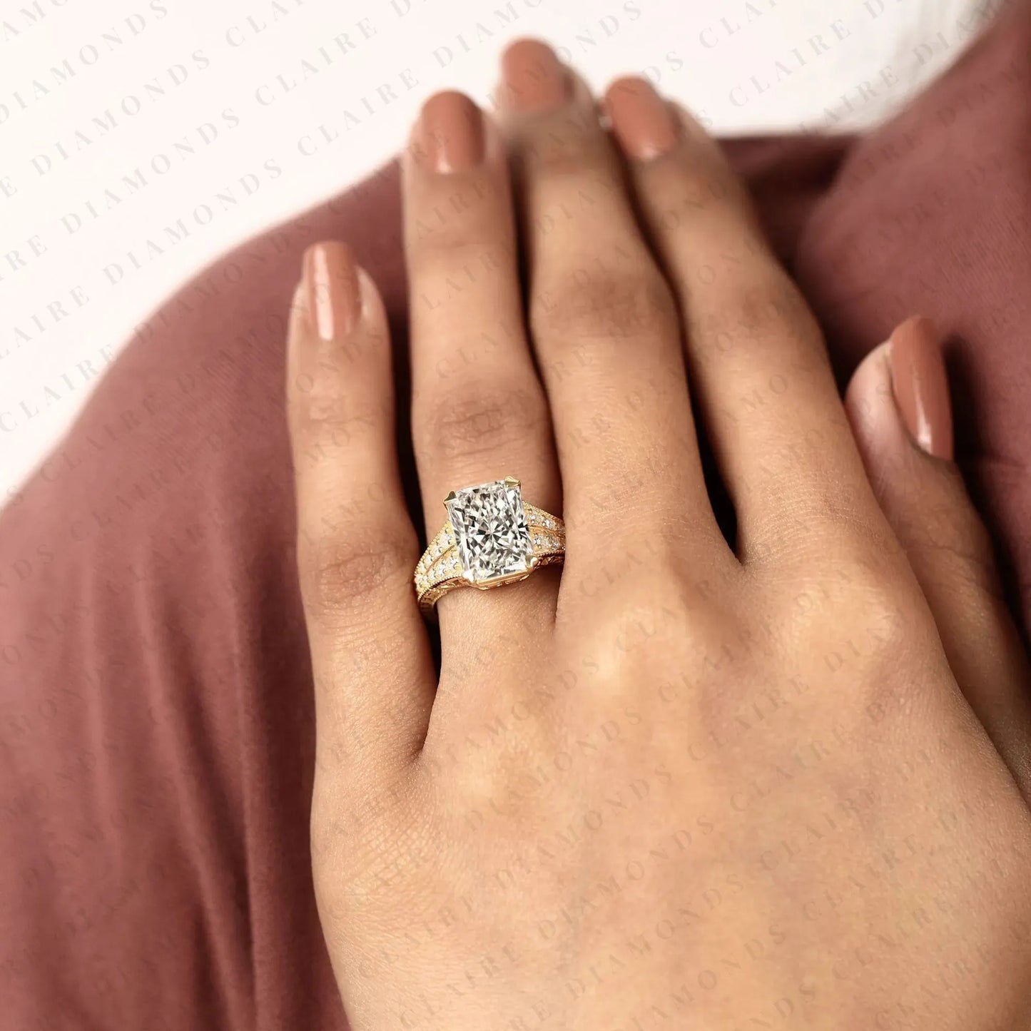 radiant cut lab grown diamond engagement ring vintage milgrain split shank pave diamond ring unique bridal ring for women