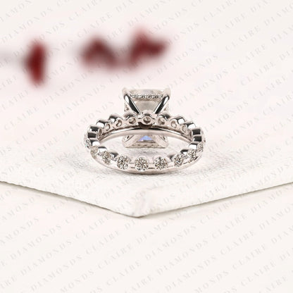 Radiant Cut Lab Grown Diamond Engagement Ring with White Gold Pavé Band | Elongated Radiant Center Stone Modern Classic Bridal Ring Set