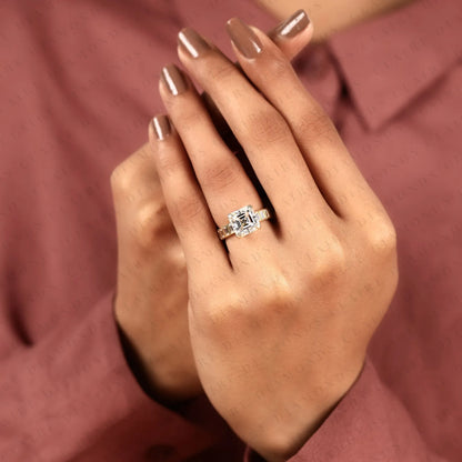 Asscher Cut Lab Diamond Engagement Ring with Baguette Accent Band In Gold.