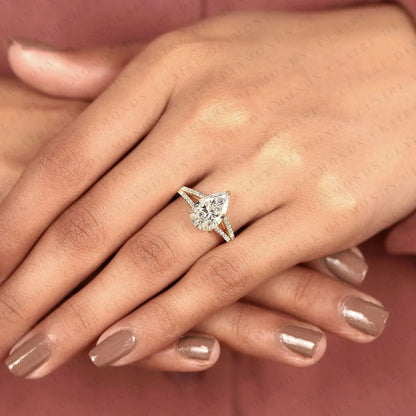 Pear Cut Lab Grown Diamond Engagement Ring Split Shank Pave Diamond Ring Bridal Ring