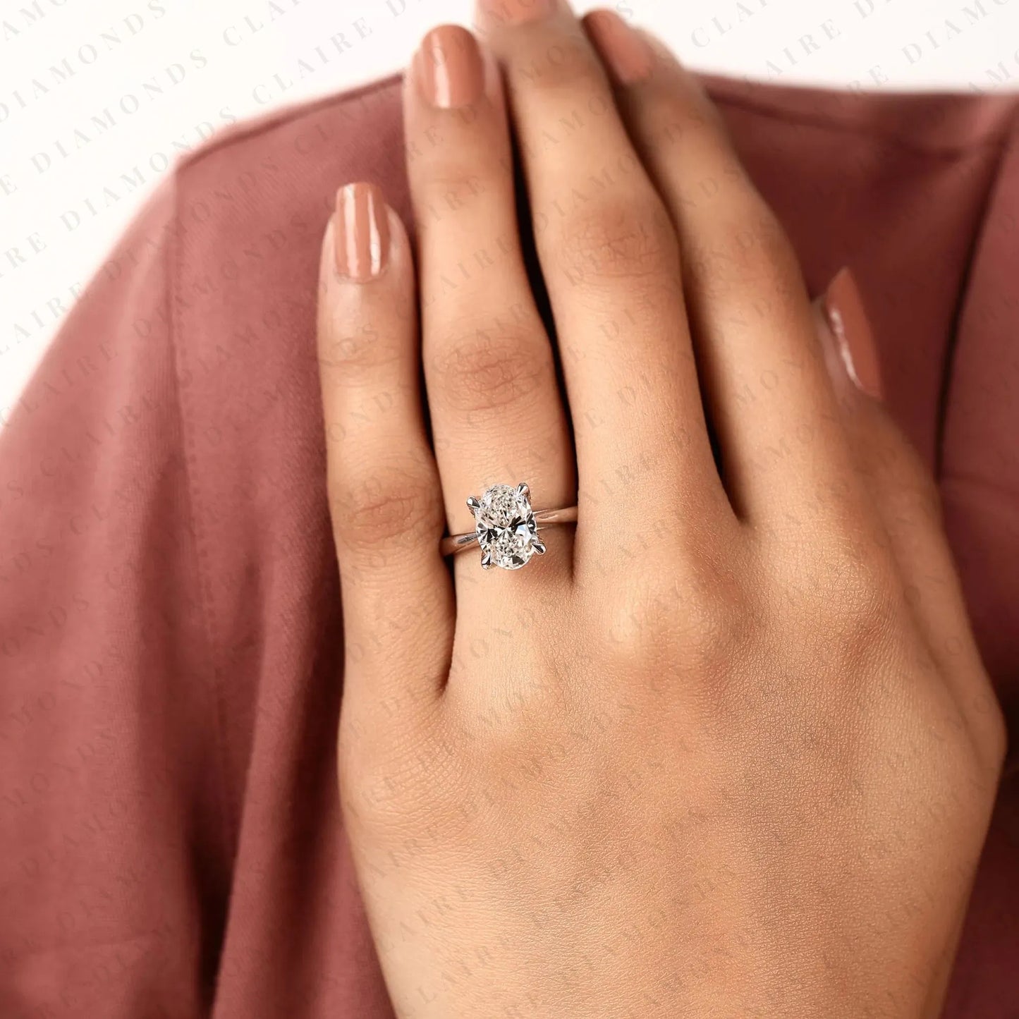 oval cut lab grown diamond solitaire engagement ring, four prong hidden tulip setting, minimalist white gold proposal ring