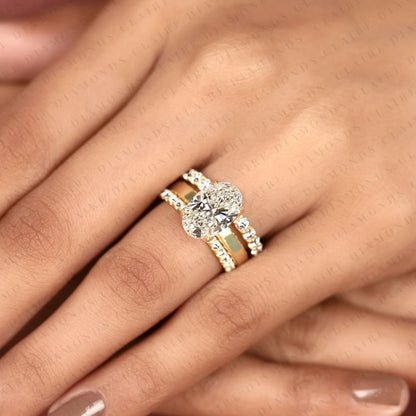Oval Cut Moissanite Diamond Bridal Set Hidden Halo Engagement Ring with Matching Wedding Band Yellow Gold Oval Ring Pave Diamond Bridal Ring Set.