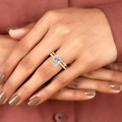 Luxury Pear Cut Lab Grown Diamond Engagement Ring with Pavé Diamond Accents and Bamboo Inspired Matching Wedding Band Set