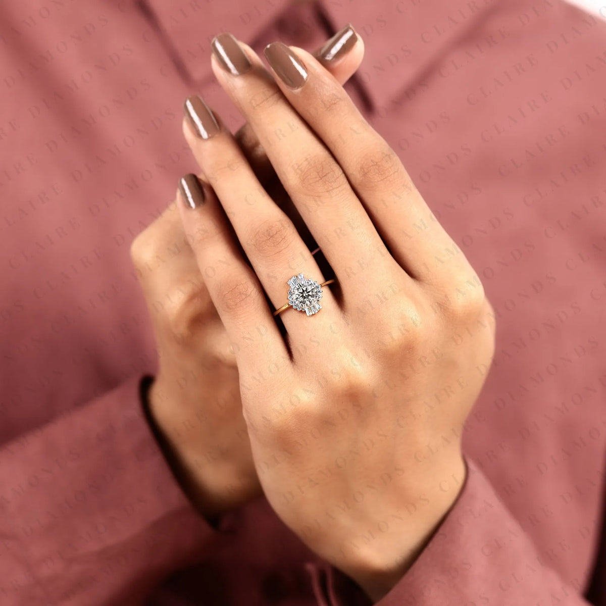 round cut lab grown diamond halo engagement ring baguette accent vintage inspired bridal ring unique luxury jewelry