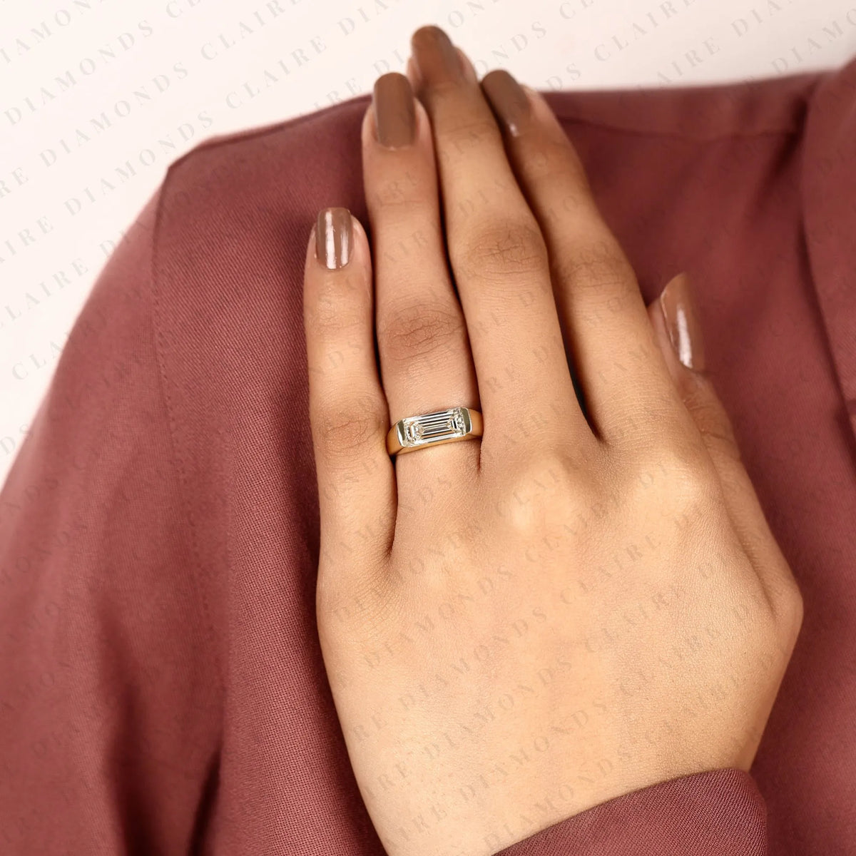 baguette cut lab grown diamond ring in gold modern rectangular diamond solitaire ring minimalist statement engagement ring for women