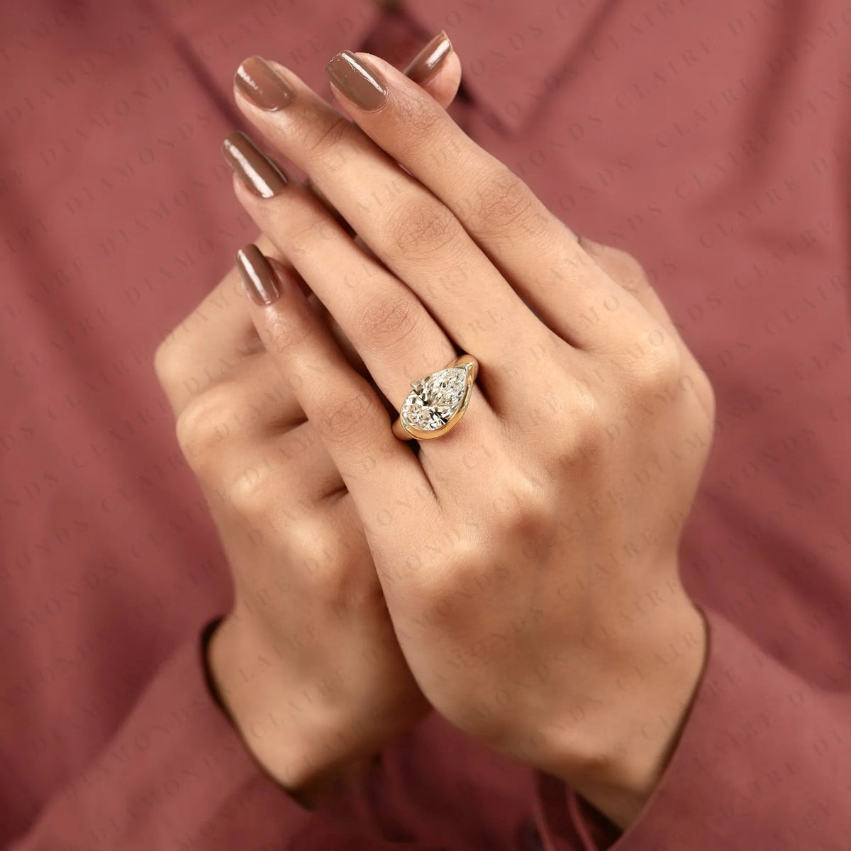 East West Pear Cut Moissanite Diamond Engagement Ring Bezel Set Gold Solitaire Wedding Ring Unique Anniversary Jewelry