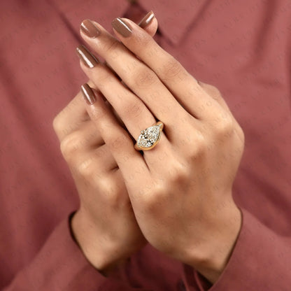 East West Pear Cut Moissanite Diamond Engagement Ring Bezel Set Gold Solitaire Wedding Ring Unique Anniversary Jewelry