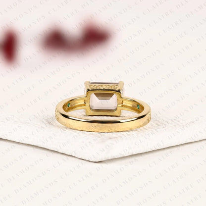 Emerald Cut Lab Grown Diamond Engagement Ring Yellow Gold Floral Band Vintage Inspired Nature Ring with Green Accent Details