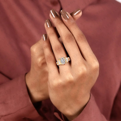 Modified Emerald Cut Lab Grown Diamond Engagement Ring Floral Vintage Halo Ring Unique Gold Bridal Ring Statement Wedding Jewelry