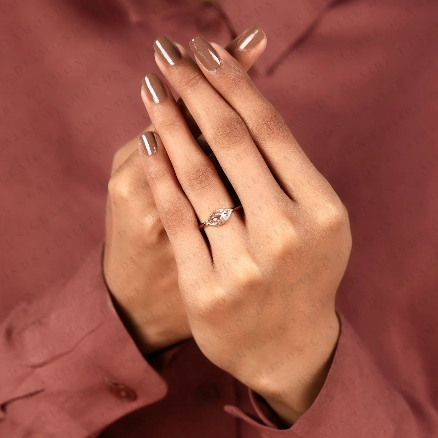 east west marquise rose cut moissanite diamond solitaire ring half bezel minimalist promise ring